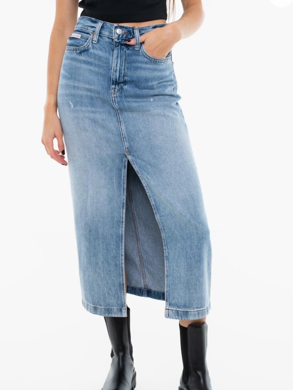 NWT Calvin Klein Shoreline High-Rise Light Wash Denim Midi Skirt Front Slit 29